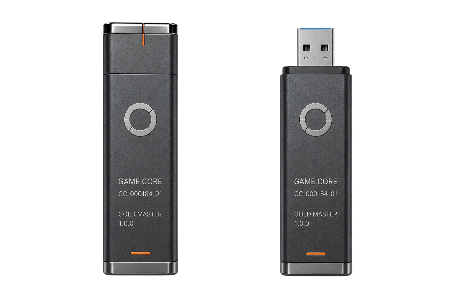 Game Core prototype shown with the protective cap fitted and removed to reveal its USB-A connector