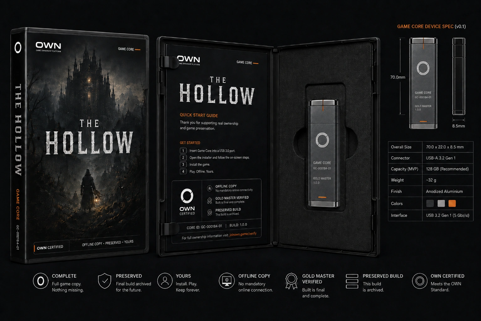 Updated concept render of The Hollow Game Core physical edition, case, quick-start guide, device and prototype specifications