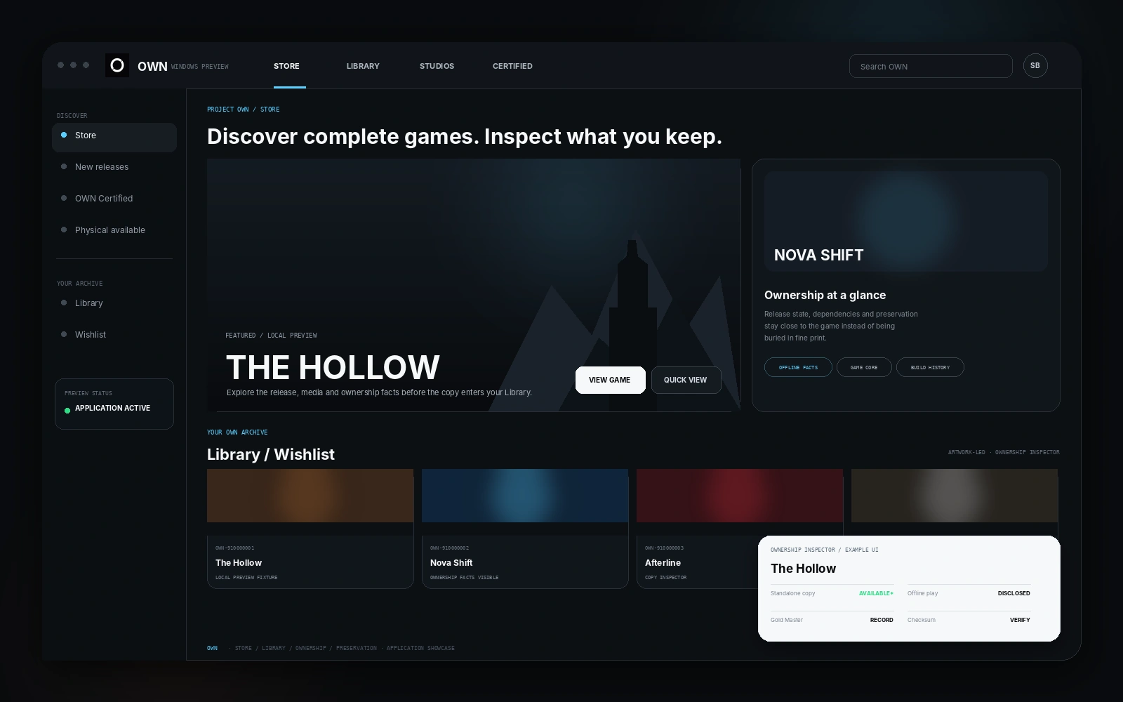 Project OWN application interface showcase with Store, Library, Wishlist and ownership inspector views